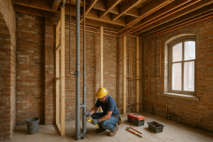 Plombier travaillant dans un bâtiment ancien en briques au Québec lors de rénovations